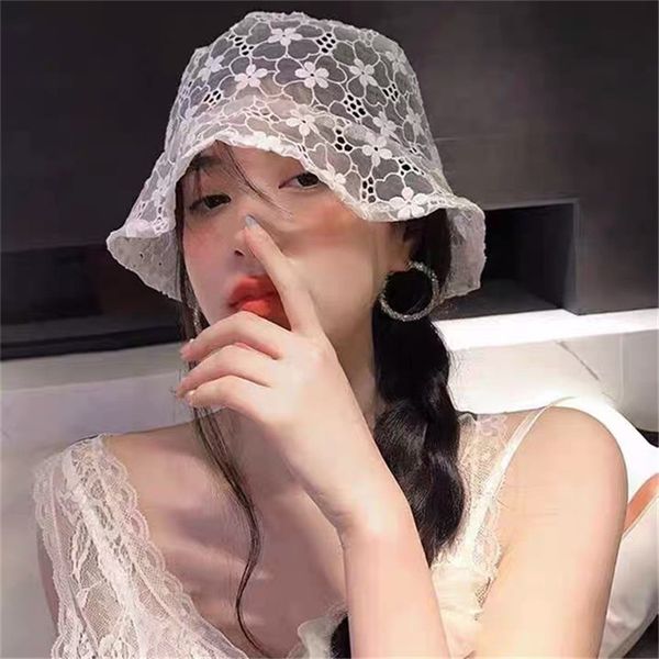 

wide brim hats 2021 white lace sun goddess fisherman hat summer hollow out embroidery flowers thin basin drop, Blue;gray