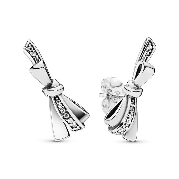 

925 sterling silver sparkling bow stud earrings women's luxury fashion designer clear cubic zirconia stones earrings with pandora gift, Golden;silver