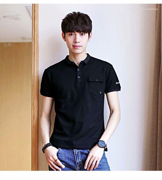 

colors tees lapel neck fashion mens polos designer breathable short sleeve elastic soft casual solid, White;black