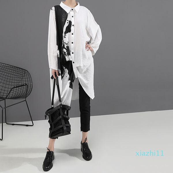 

[eam] women black white print big size oversize dress new lapel long sleeve loose fit fashion tide spring autumn 2020, Black;gray