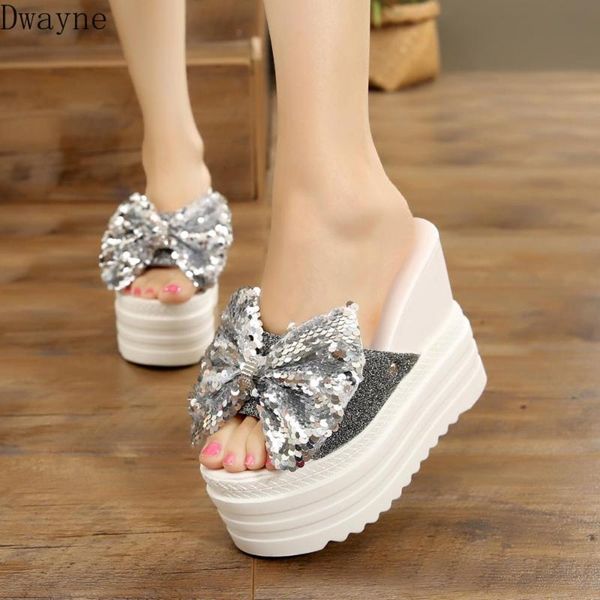 

2020 new sequin bow fashion muffin thick bottom wedge heel slippers children, Black