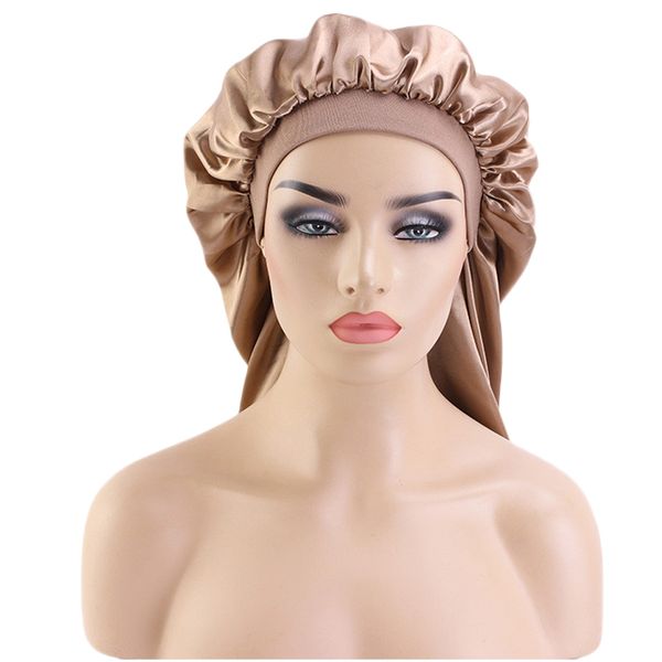 

women wide band satin sleep night cap solid color long tube bonnet beauty hair care cap hair loss wraps ladies headwear baggy, Blue;gray