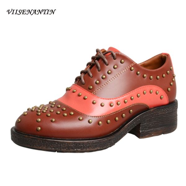 

women leather single shoes rivets lace up suqared heel round toe nice shoe casual all match fashion female shoe, Black