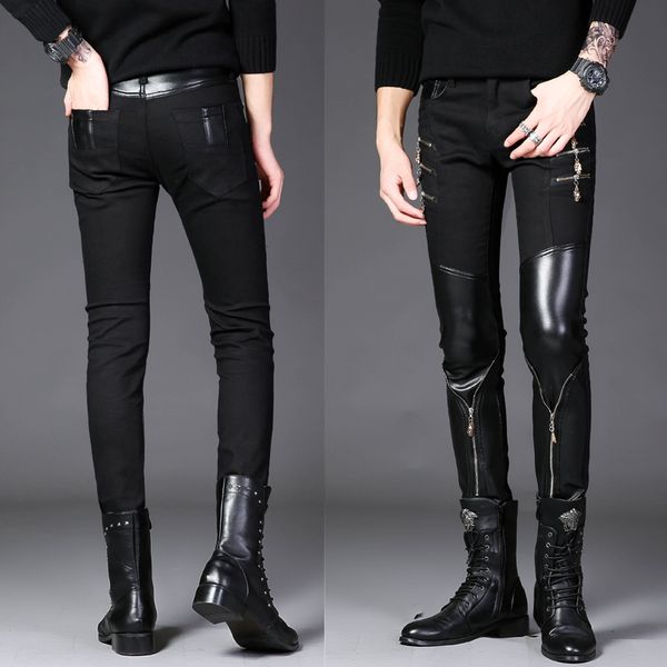 

autumn men leather pants slim-fit pants leather performance fashion men's fashion streetwear men hip hop harem, Black