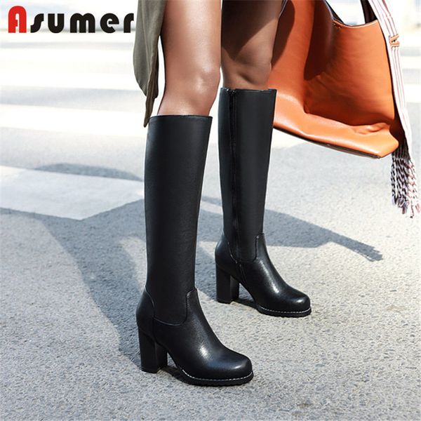 

asumer 2020 new arrival knee high boots women round toe zipper high heels autumn winter boots fashion classic dress shoes woman, Black