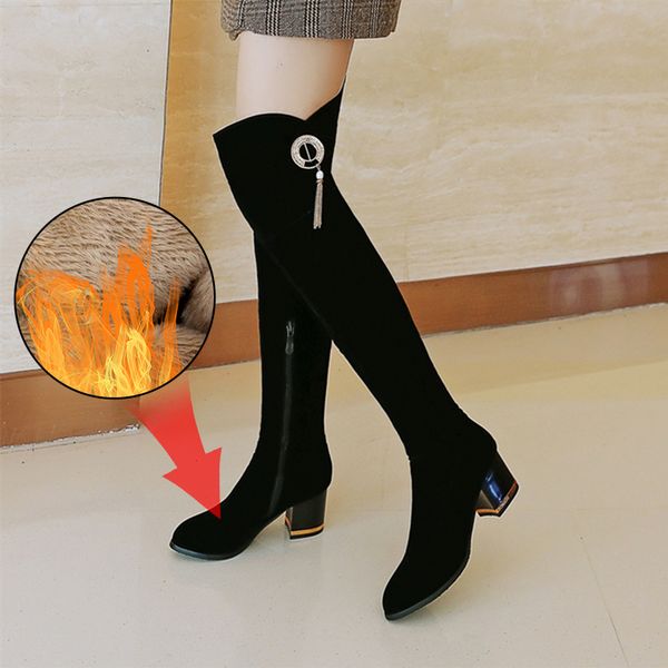 

plus size 34-43 thigh high boots winter boots women over the knee suede long high heels fur plush shoes woman, Black