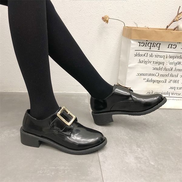

women beautyfeet casual shoes block heel patent leather oxford sewing slip on platform low heels fashion buckle female footwear, Black