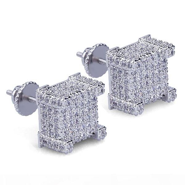 

box cz micro pave gold silver bling bling earrings hip hop iced out big square flat screen block screw back stud earring for men and women, Golden;silver