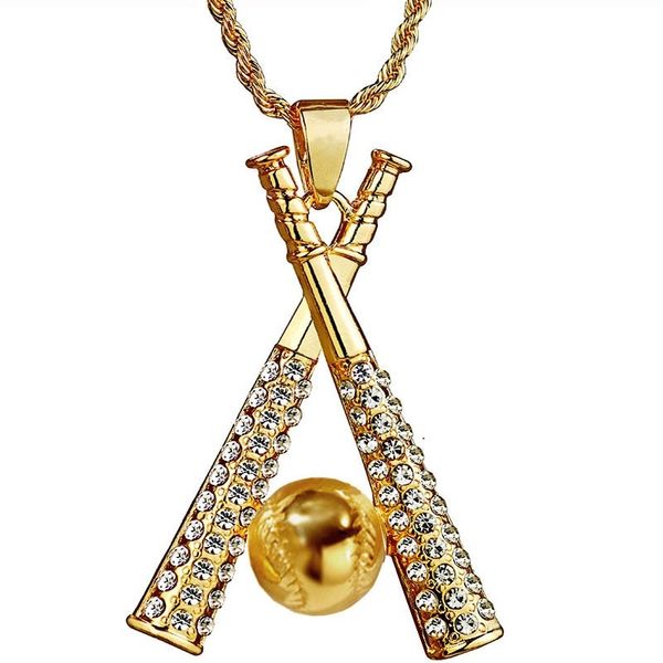 

men's trend jewelry baseball bat pendant hip hop sports zircon pendant necklace, Silver