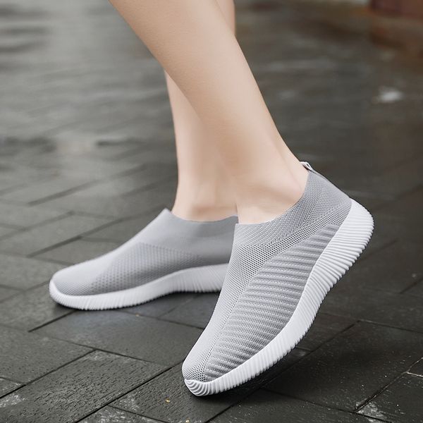 

plus size 43 breathable mesh platform sneakers women slip on soft ladies casual running shoes woman knit sock shoes flats, Black