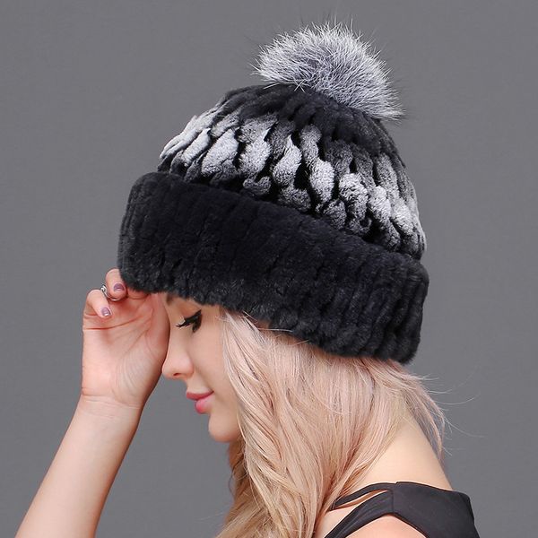 

women's genuine rex fur hats autumn winter with fur ball female warm caps lady beanies, Blue;gray