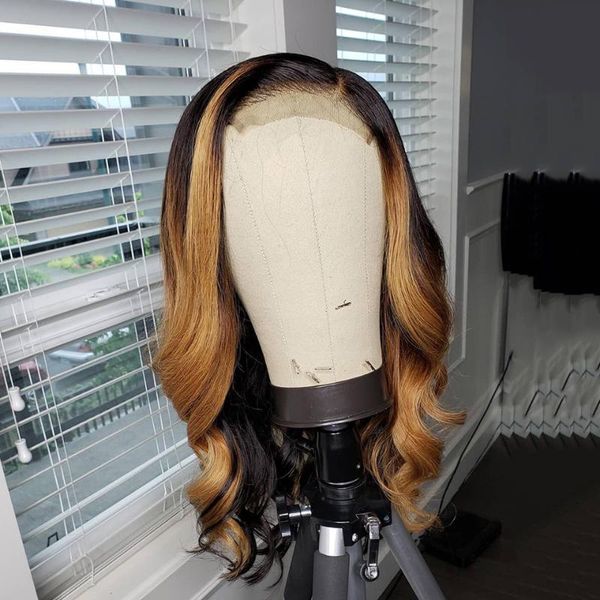 

lace wigs 4x4 closure wig loose body wave ombre highlight 150% front human hair for black women brazilian remy, Black;brown