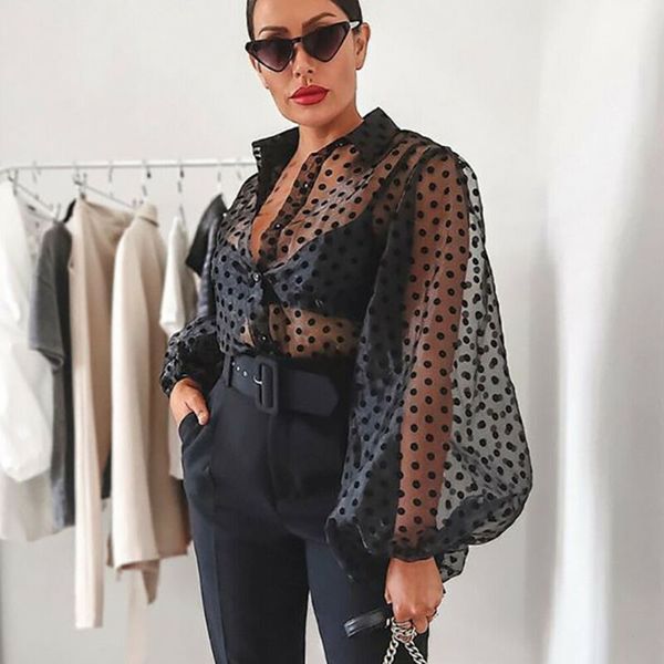

women's blouses & shirts women girls mesh sheer long puff sleeve transparent blouse shirt polka dot printed female tees streetwear, White