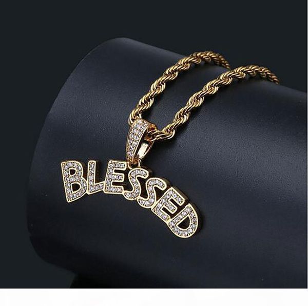 

14k gold plated hip hop letter blessed pendant necklace mens micro pave cubic zirconia simulated diamonds with 24inch rope chain, Silver