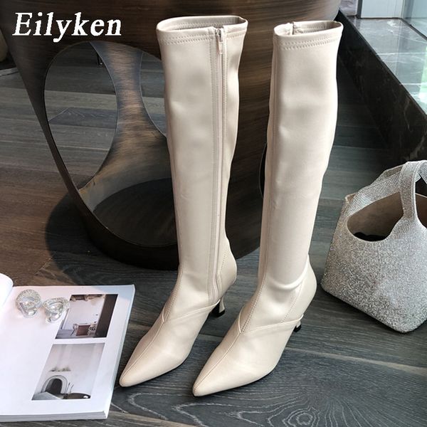 

eilyken size 35-39 2021 new women knee high heel boots lady riding botas winter shoes women pointed toe zipper long booties, Black