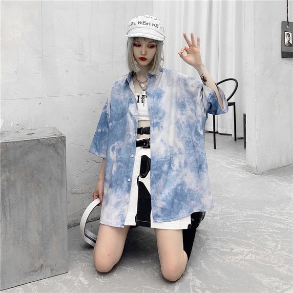 

2020 oversized loose tie dye print vintage blouse hip hop streetwear shirt punk harajuku korean crop women men clothes, White;red