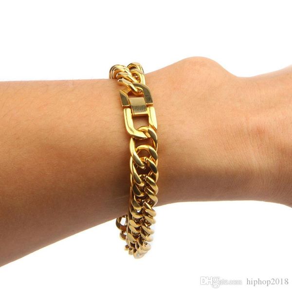 

new fashion mens hip hop bracelets jewelry gold miami cuban link chain bracelet 12mm stainless steel bracelet, Black