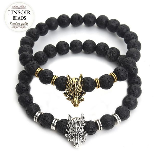 

2020 new buda style black natural lava stone bracelet pulseras hombre antique gold/silver color wolf head bracelets men f3775, Red;blue