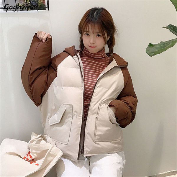

short style parkas women patchwork simple with hat sweet girls trendy loose harajuku large size 2xl outwear winter daily bf chic, Black