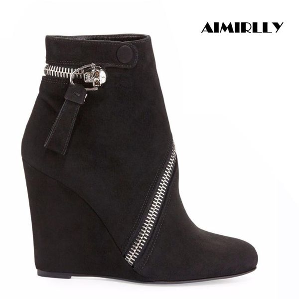 

womens ankle boots round toe wedges button strap concise zipper decorated ladies high heel shoes booties black faux suede