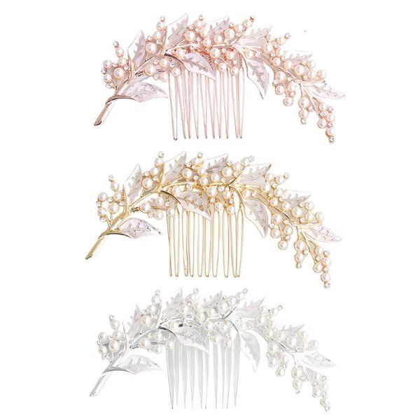 

metallic hollow out leaves wedding hair comb imitation pearl rhinestone bridal prom party ponytail veil holder hairpin accessory, Silver