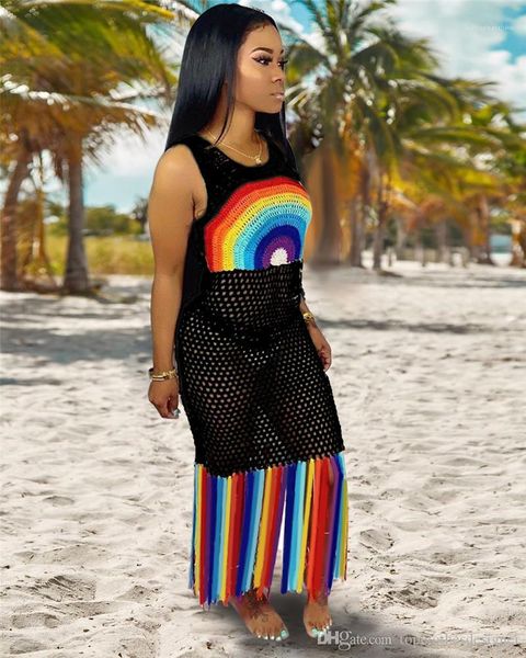 

out womens guaze panelled dresses casual females clothing womens casual dresses fashion gradient rainbow print hollow, Black;gray