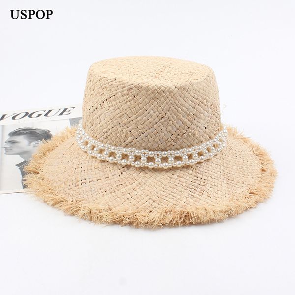 

uspop 2020 new women sun hats natural raffia straw hats wode brim hand woven peral beach hat rough edeges summer hat, Blue;gray