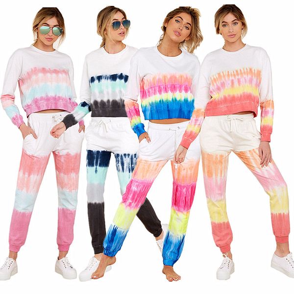 

gradient women tracksuit tie-dyed long sleeve autumn thicken hoodies + pants leggings two piece set outfits casual sportswear suit, White