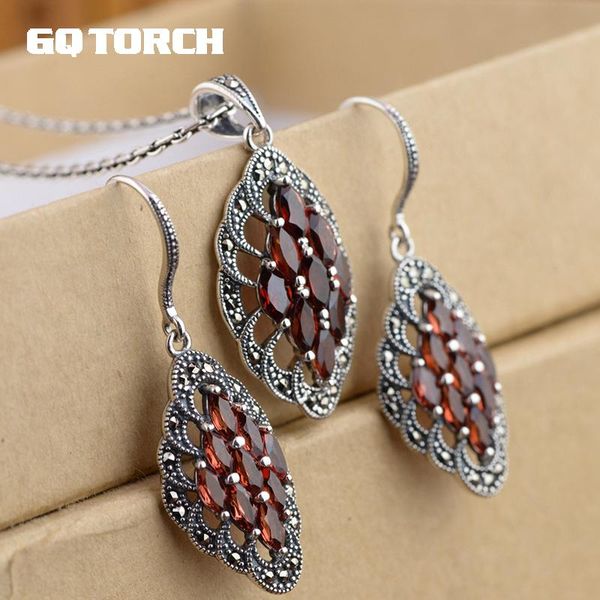 

real pure 925 sterling silver gemstone pendant and earrings for women natural red garnet vintage style fine jewelry, Golden