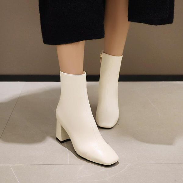 

elegant women ankle boots shoes block high heels sock boots square toe chunky heels zipper lady autumn winter party shoes, Black