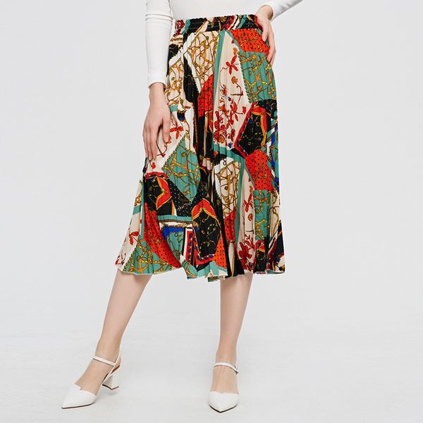 

spring summer pleated skirts for women floral printed a-line women skirts ladies high waist casual midi skirt