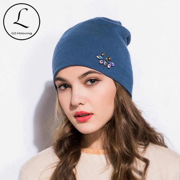 

gzhilovingl 2020 new arrivals spring summer winter women girls plain knitted wool slouchy skullies beanie hats with rhinestones, Blue;gray
