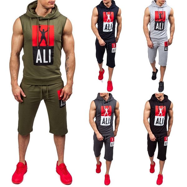 

men fashion tracksuits letter man pattern print sport active outfits hooded pullover knee-length 2020 summer sleeveless new arrival, Gray