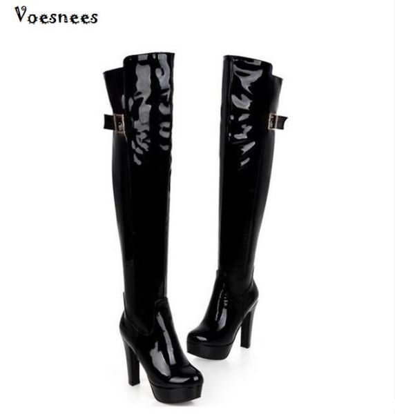 

2020 autumn new women shoes ultra high heels 12cm patent leather over the knee boot platform motorcycle women boots sapatos, Black