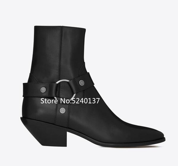 

strange heel suede leather women mid-calf boots pointed toe side zip strap metal decoration autumn/winter western boots femme, Black