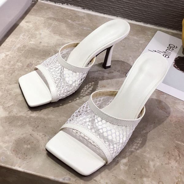 

mesh new head square peep toe slippers stiletto summer fashion slip on thin heels slides women party high heel shoe, Black
