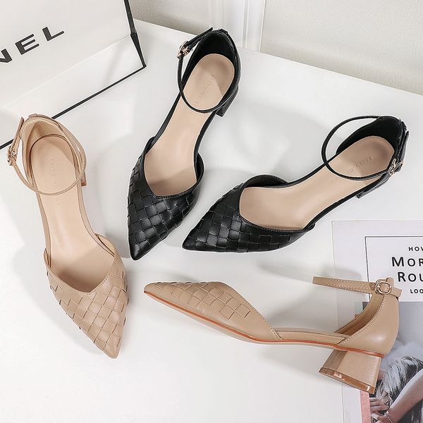 

new women's shoes high heels solid black nude square med heel point toe ankle strap two-piece summer pu leather woman pumps