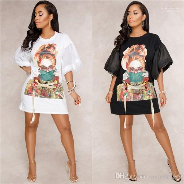 

clothes women summer dresses o-neck designer loose lantern sleeve dress women printed ribbon casual dresses female, Black;gray