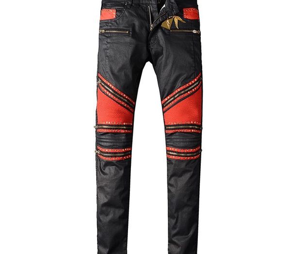 

men's fashion zipper rivet pleated biker jeans for moto casual red black contrast color stretch denim pants long trousers, Blue
