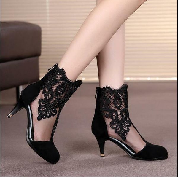 

sandals womens lace floral mesh ankle boots kitten mid heels party dress pumps shoes, Black