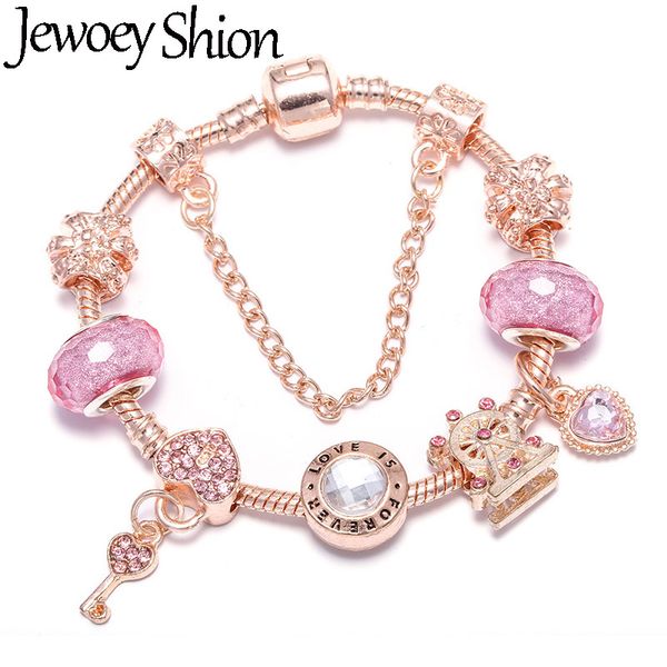 

jewoey shion new design rose gold snake chain charm bracelet diy love heart key & lock brand bracelet for women romantic gift, Golden;silver