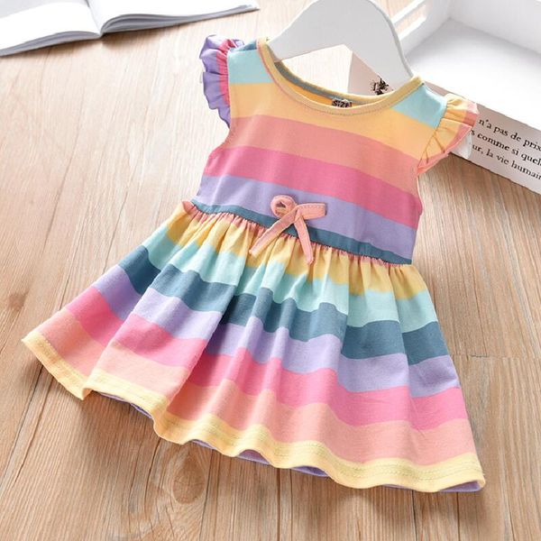 

toddler kids baby girls dress cotton sleeve rainbow striped dresses for girl fashion a-line sundress summer clothing, Red;yellow