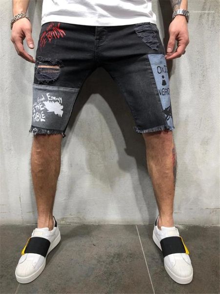 

casual personality ripped panelled letter painted jeans fashion mens clothes mens designer summer knee length jeans, Blue