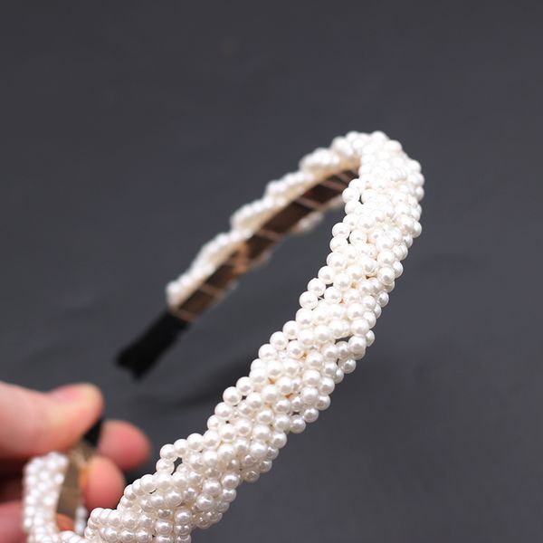

korean braided pearl headband 2020 new arrival fashion women luxury hair accessories white beaded pearl headband 718, Golden;silver