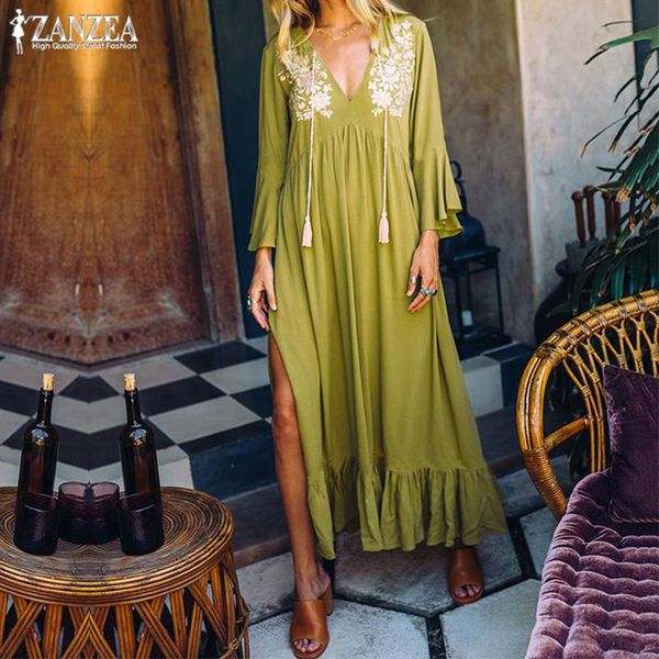 

zanzea bohemian beach print dress women's ruffle sundress 2020 v neck split maxi vestidos female flare sleeve robe femme, Black;gray