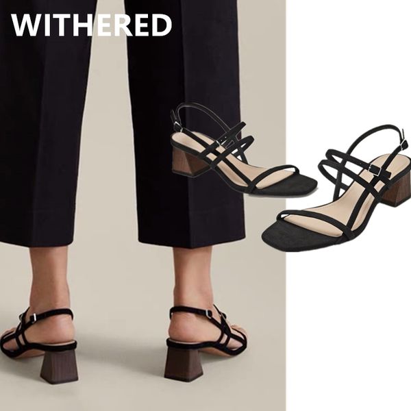 

withered women shoes women sandals summer england office lady simple roma genuine leather high heels sandals shoes woman, Black