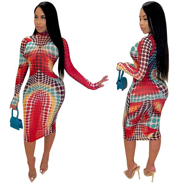 

dropshipping autumn womens deisnger bodycon dress slim high neck 3d digital printed long sleeve dress fashion female clothing, Black;gray