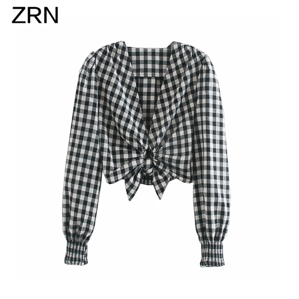 

zrn blouse women 2020 tied detail plaid cropped blouses fashion vintage v neck long sleeves female shirts blusas chic, White