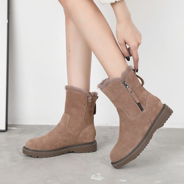 

2020 ladies zip suede leather ankle winter warm faux fur snow boots women, Black