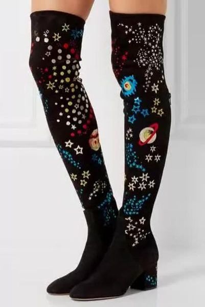 

new fashion starry sky printing knee high boots chunky heel stretch long boots ladies autumn winter shoes med heel high booties, Black
